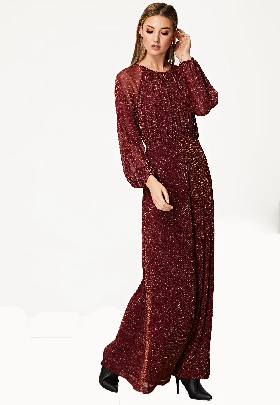 women's lace dressesLong Sleeve Chiffon Maxi Dress Gold Lurex Flecking in Burgundy