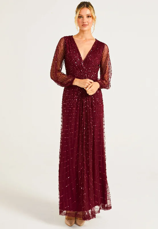 women's boho dressesEmbellished Long Mesh Sleeve Maxi Dress in Burgundy