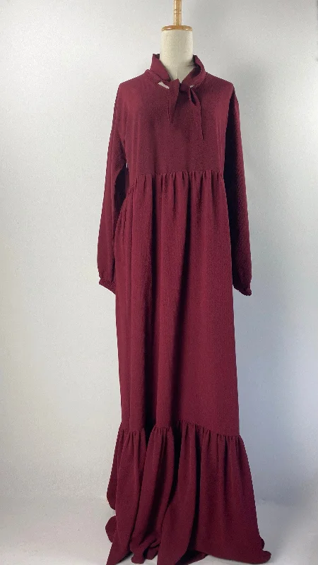 Ribbon DressLong Sleeve Maxi Dress with Tie at Neck, Maroon