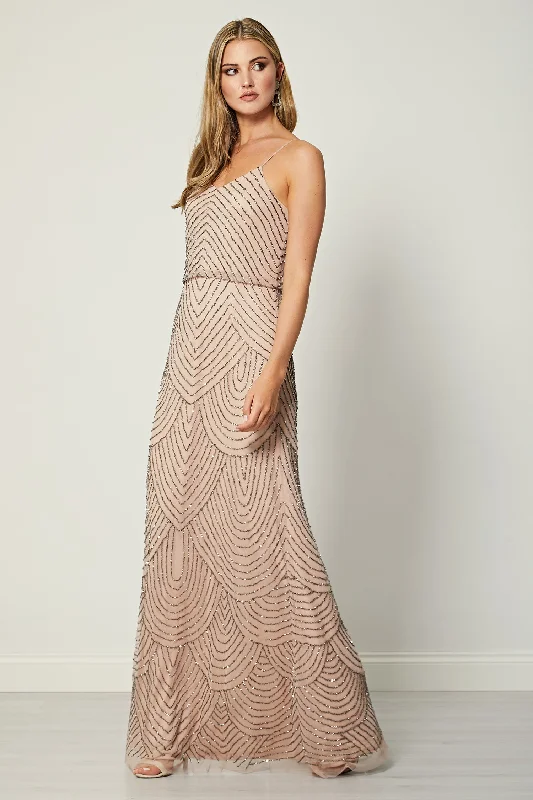 Peplum Hem DressCami Sequin Stripe Embellished Maxi Dress in Cameo Rose