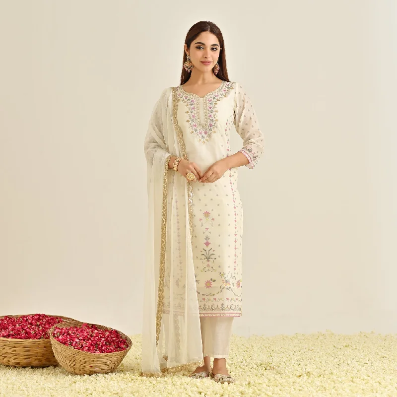 Off White Floral Straight Kurta Set with Yoke Embroidery & Dupatta