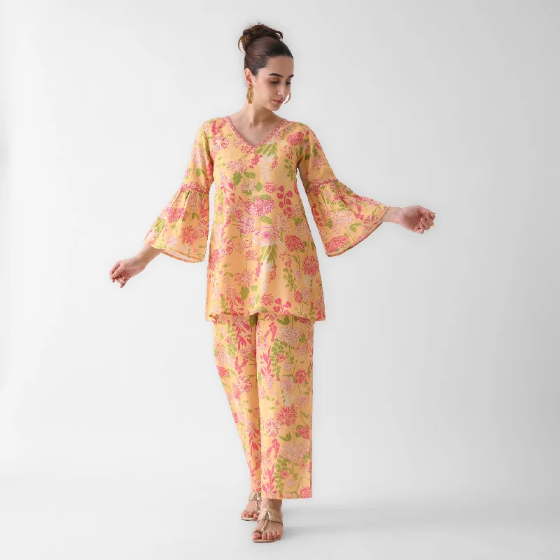 Mango Yellow Floral Cotton Co-ord Set with Flared Sleeves