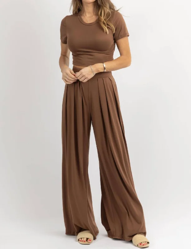 women's vintage pantsButter Soft Palazzo Pants Top Set In Brown