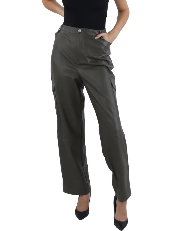 women's high-waisted pantsWomens Faux Leather High Rise Cargo Pants