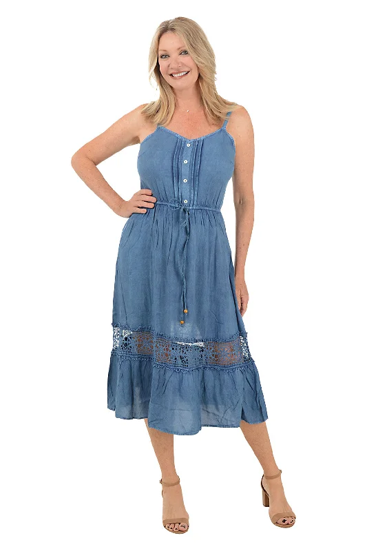 women's high-end dressesLacy Denim Tie-Waist Sleeveless Dress