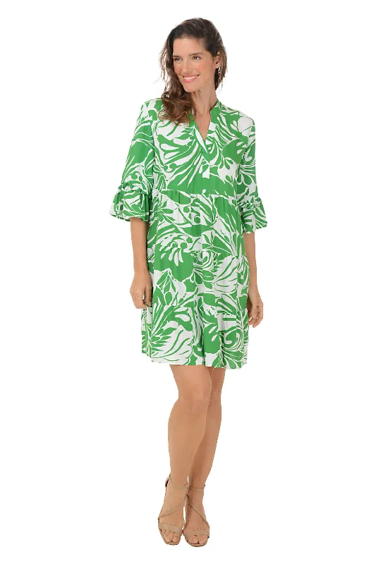 Designer DressJungle Foliage Bell Sleeve Tiered Dress