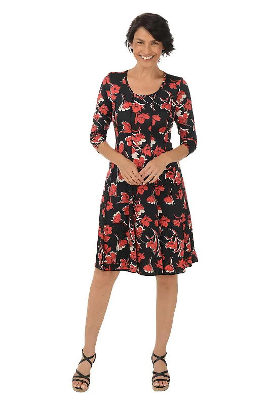 Retro DressRed Poppies Seamed 3/4 Sleeve Dress