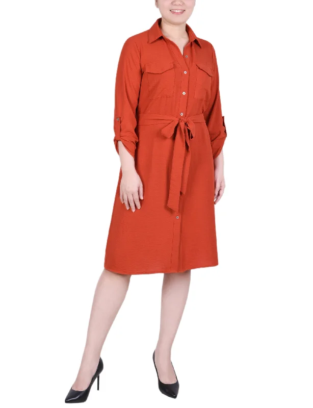 Asymmetric DressPetite Long Roll Tab Sleeve Shirtdress