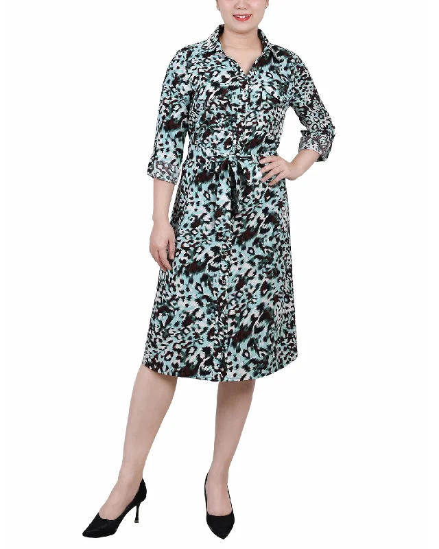 women's plus-size dressesPetite 3/4 Roll Tab Sleeve Belted Shirtdress