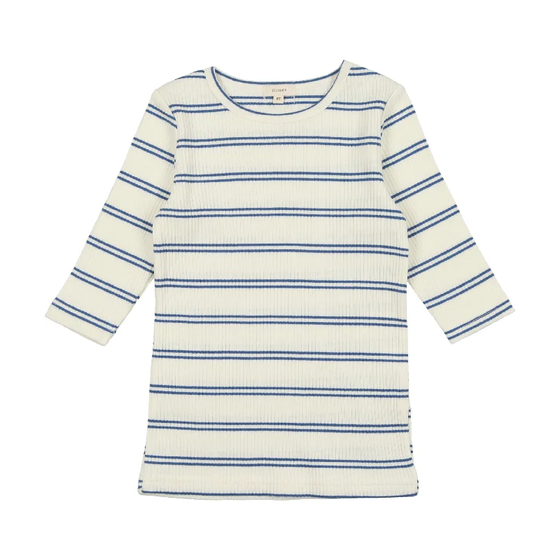 women's tops with cold-shoulder cutsLil Legs Big Girls T-Shirt Three Quarter Sleeve - White/Royal Blue Stripe