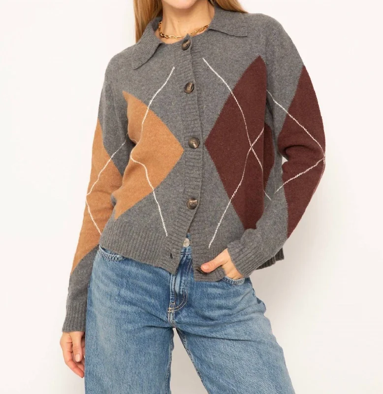 High-Quality Wool SweatersRoman Argyle Sweater Cardigan In Gray/brown/tan